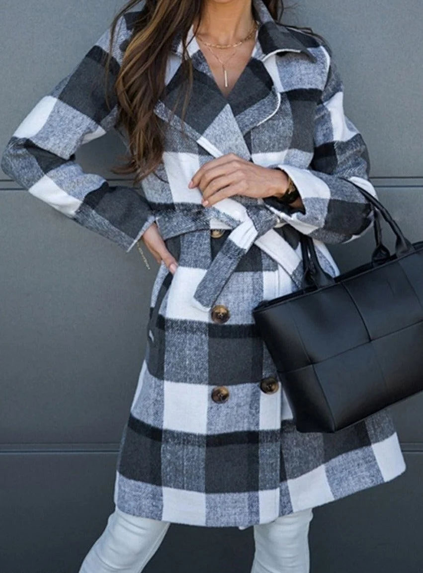 Fashion Plaid Long-sleeved Mid-length Coat | EGEMISS