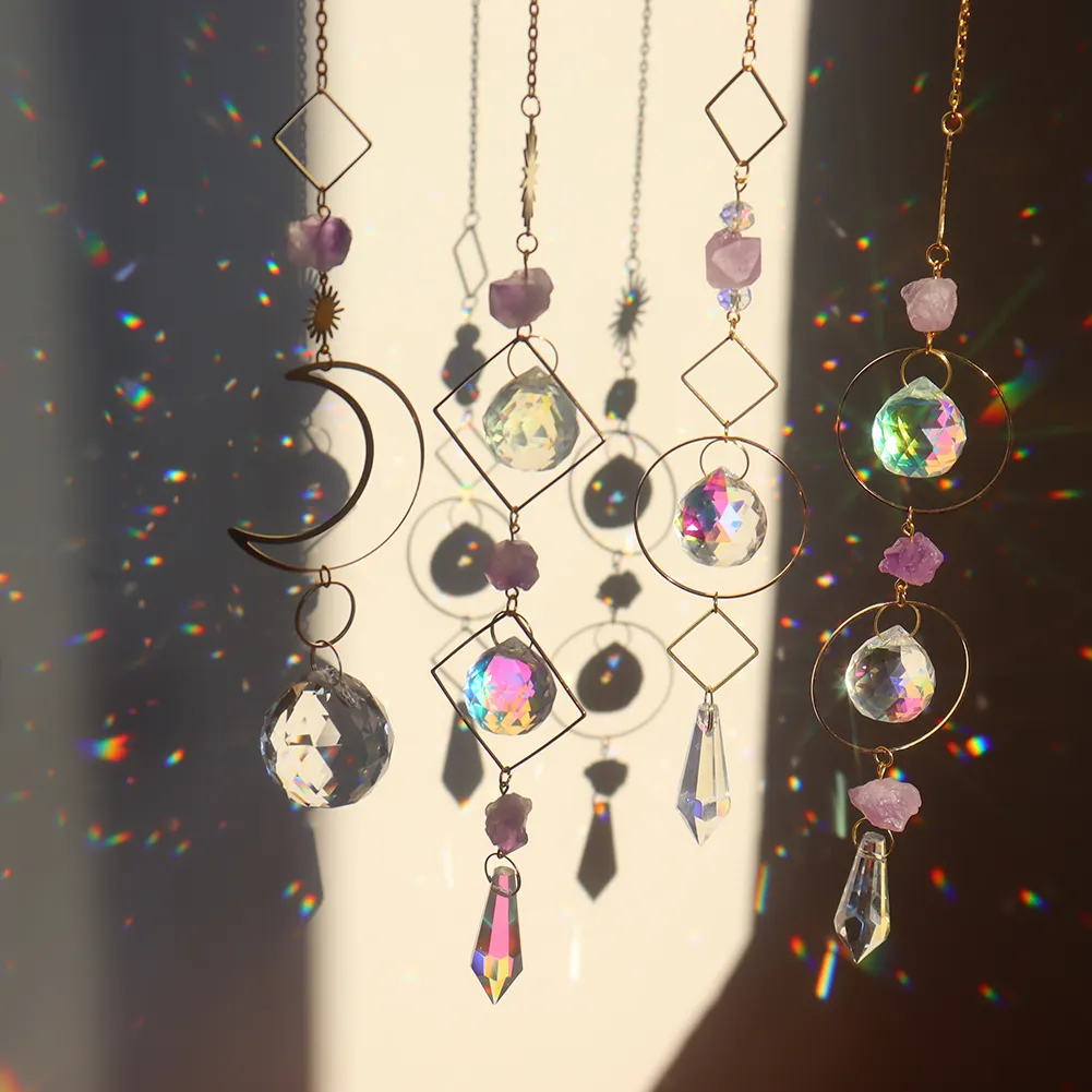 Metal Rainbow Collection Hanging Sun Crystal Prisms Home Wall Decor (K)