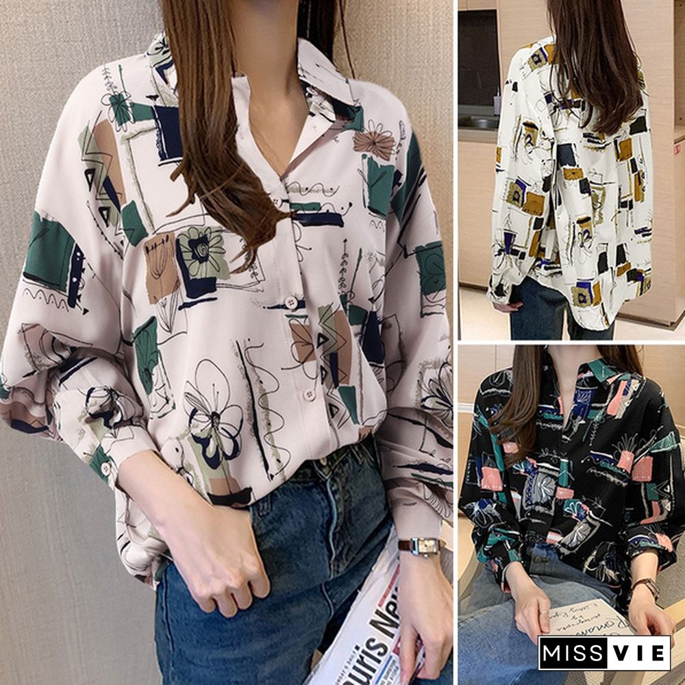 Blouse Women Retro Female Printed Single-breasted Spring Button Straight Long-sleeve Vintage Shirt Top