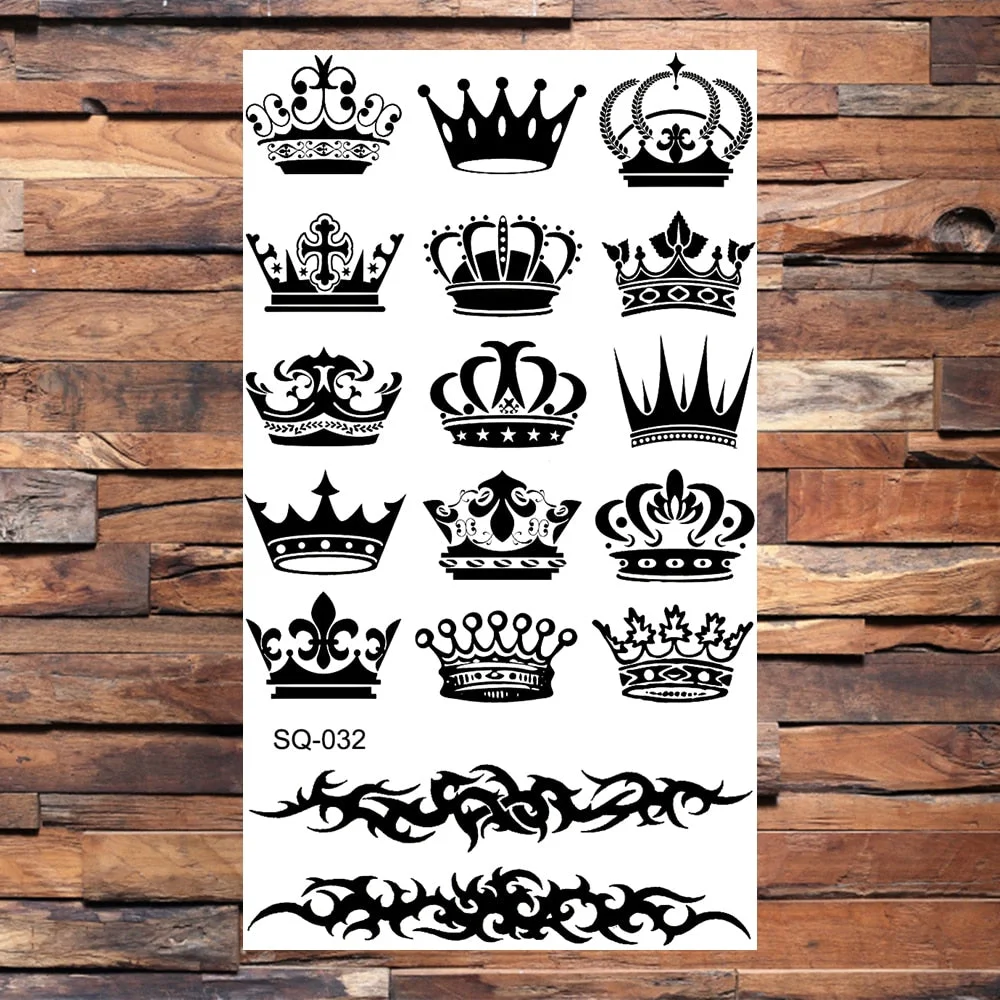 Crown Temporary Tattoos For Women Men Realistic Cross Sword Angel Wings Thorns Fake Tattoo Sticker Body Waterproof Tatoos Black