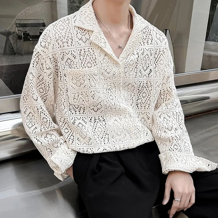 Men's Long Sleeve Casual Shirt with Lace Detail and Pocket