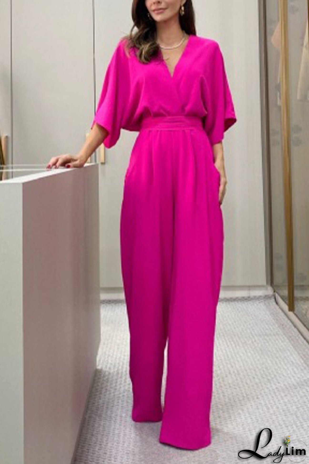 V Neck Batwing Sleeve Back Tie Jumpsuits