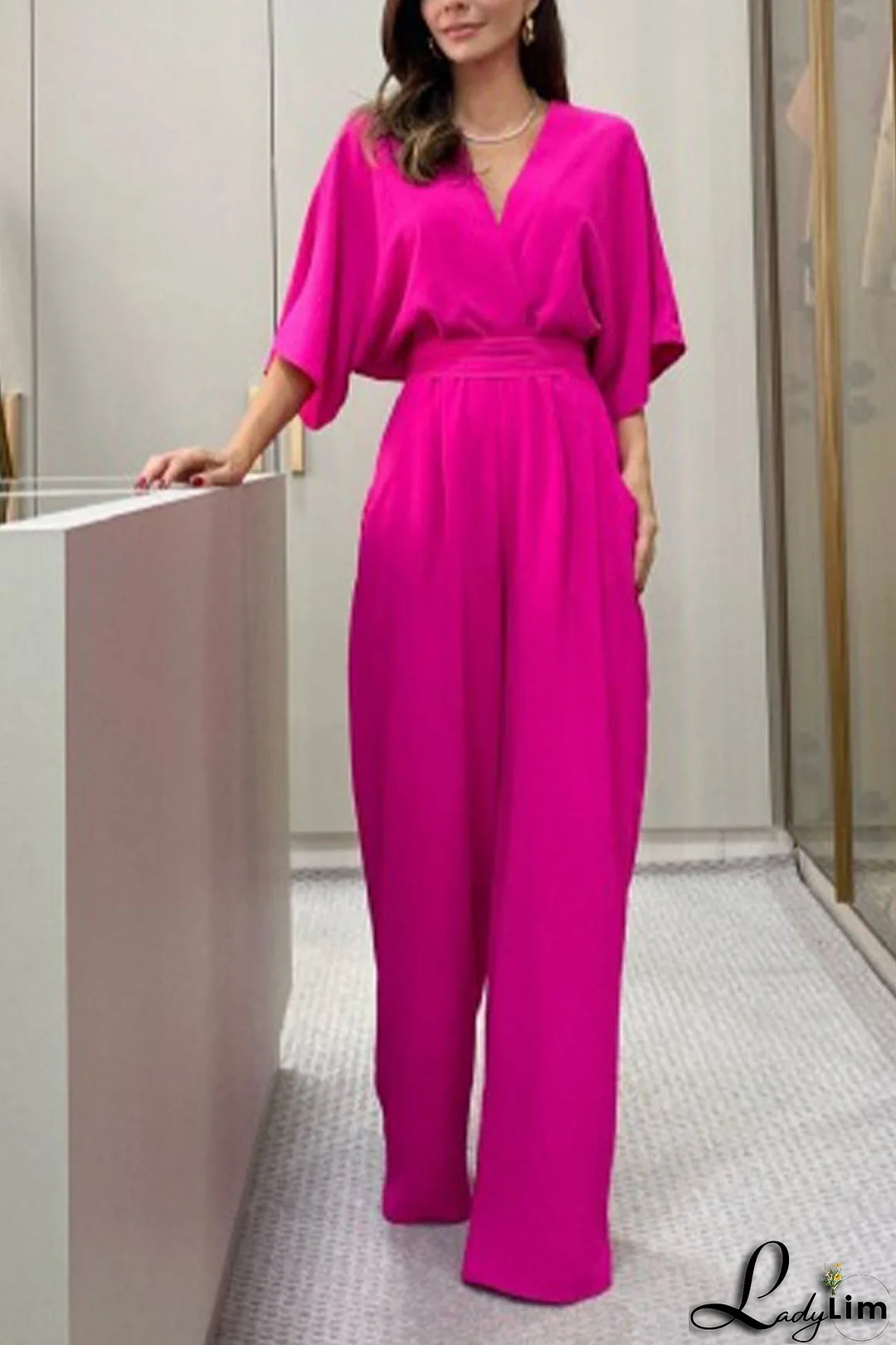 V Neck Batwing Sleeve Back Tie Jumpsuits