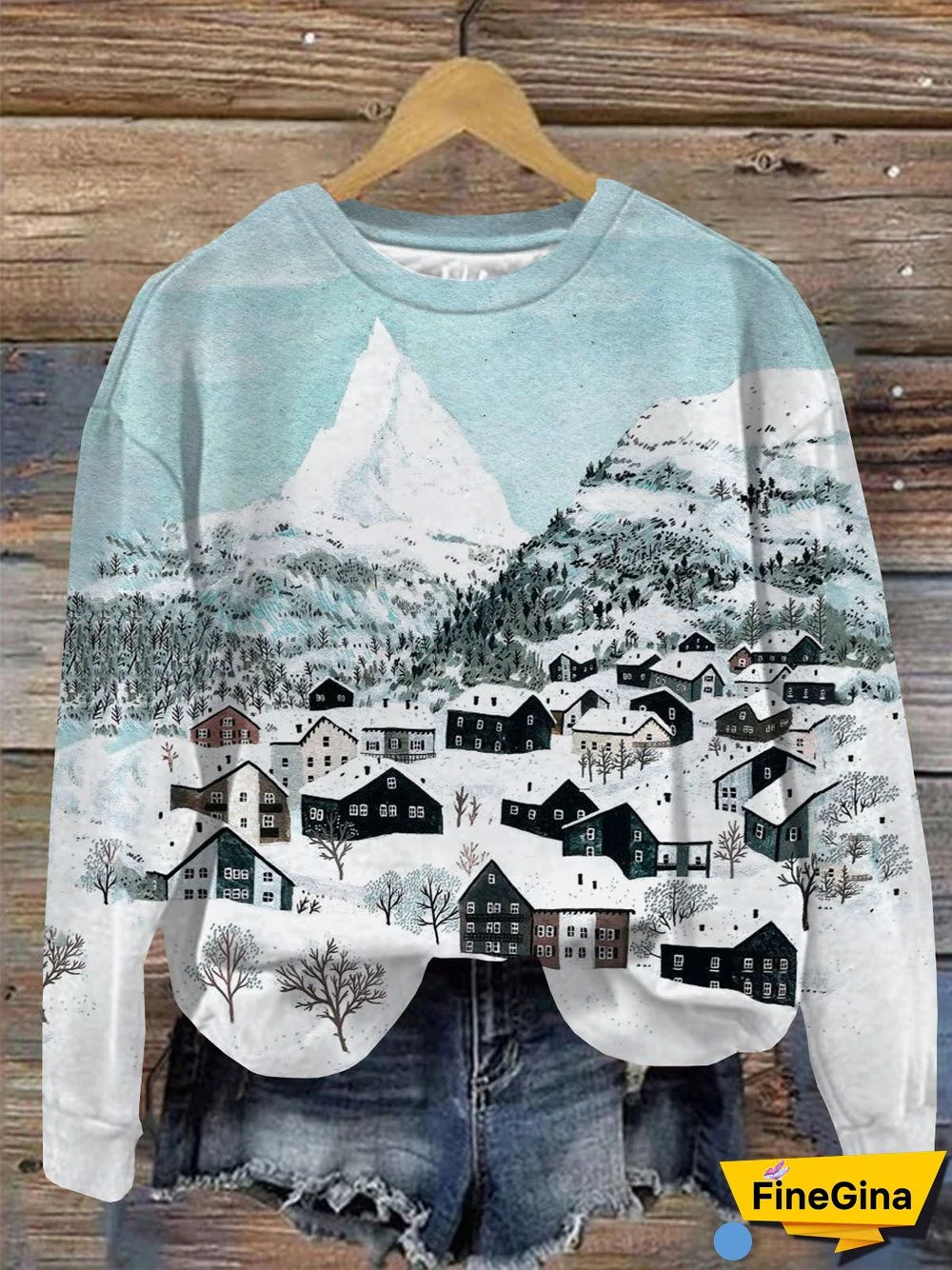 Winter Print Round Neck Long Sleeve Top