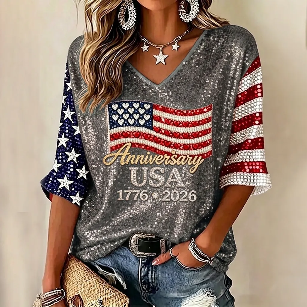 Women's Usa Anniversary Sequins Print V-neck T-shirt Westsshops