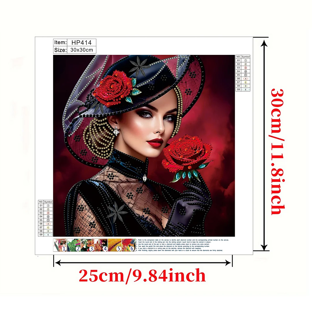 Beauty Lady in a Top Hat Red Bckdrop Special Shaped 5D DIY Partial Drill Diamonds Dots Gem Art Kits for Adults Beginners Home Decor Diamonds Paintings Gem Art 11.81 X11.81inch