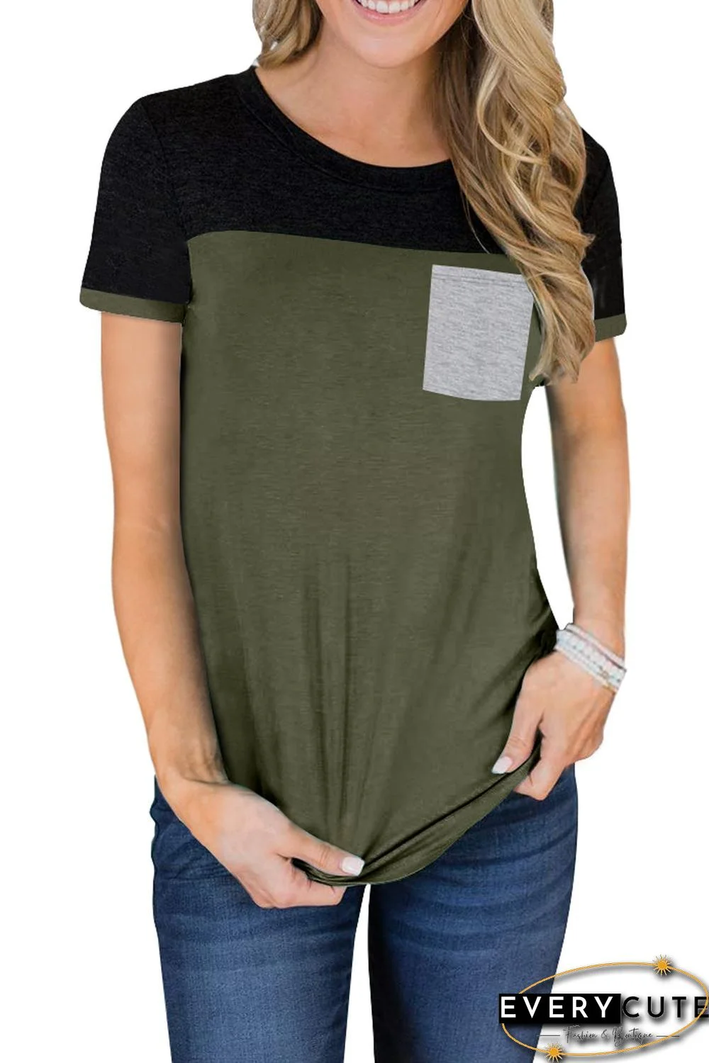 Green Color Block Pocketed T Shirt