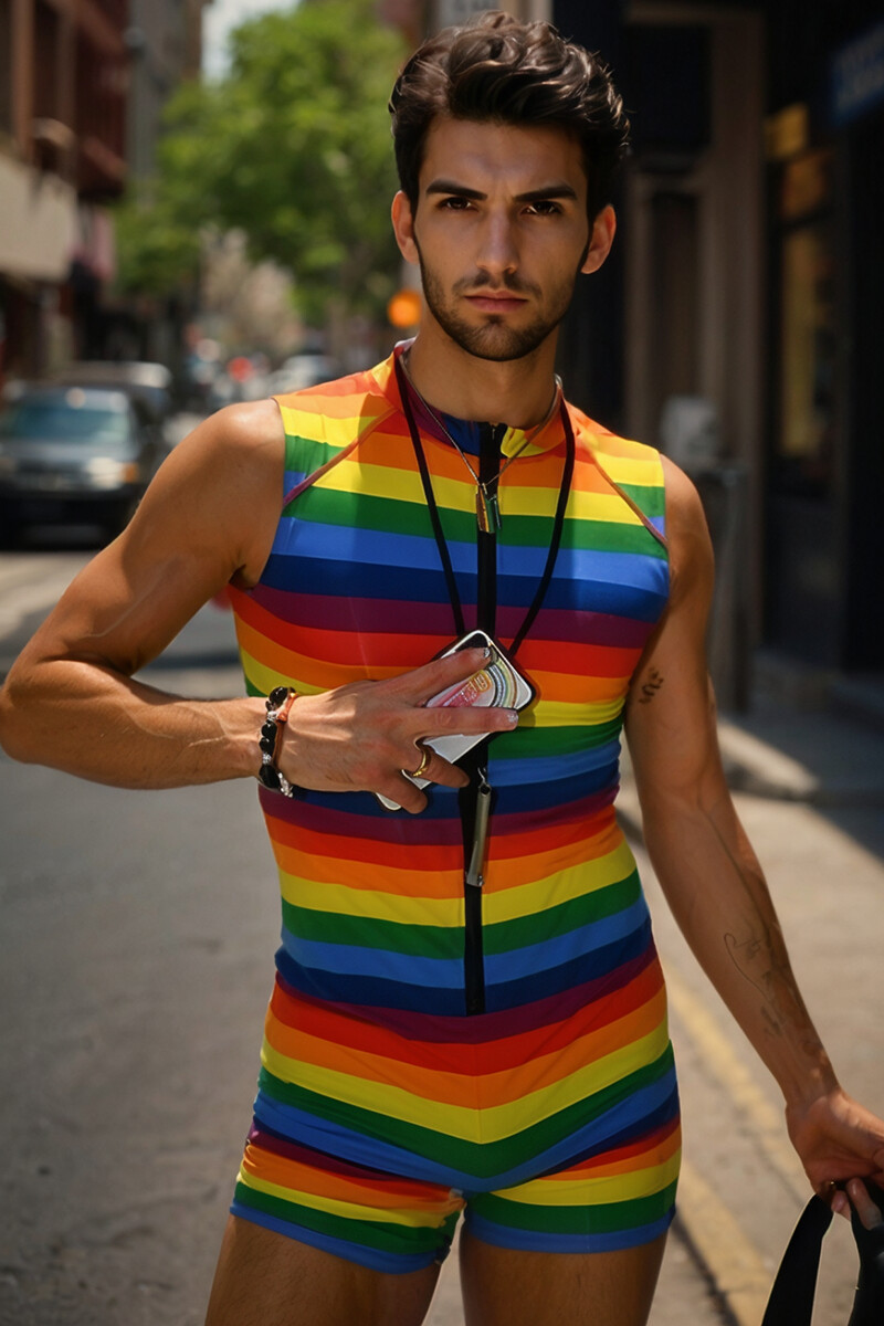 Men's Rainbow Stripe Print Tight Fit Sleeveless Romper [Pre-Order]