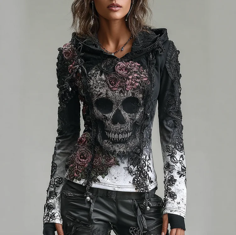 A Retro Women's Black-white Gradient Hooded Top With Gothic Skull And Floral Elements Design For Halloween.