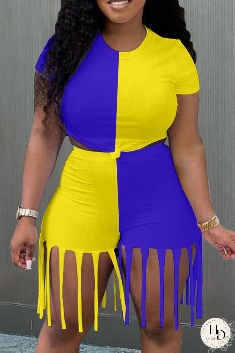 Yellow Blue Fashion Casual Patchwork Tassel O Neck Short Sleeve Two Pieces