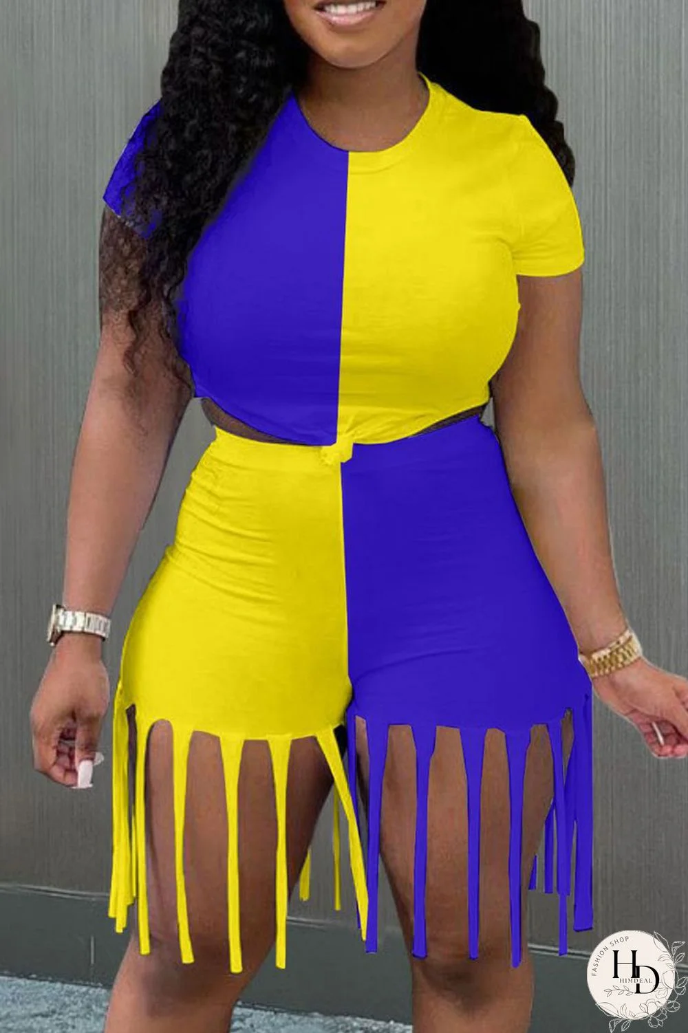 Yellow Blue Fashion Casual Patchwork Tassel O Neck Short Sleeve Two Pieces