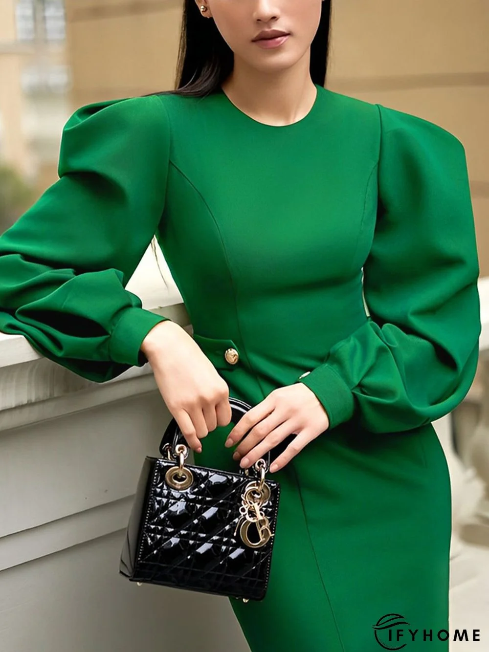 Crew Neck Puff Sleeve Plain Elegant Regular Fit Dress | IFYHOME