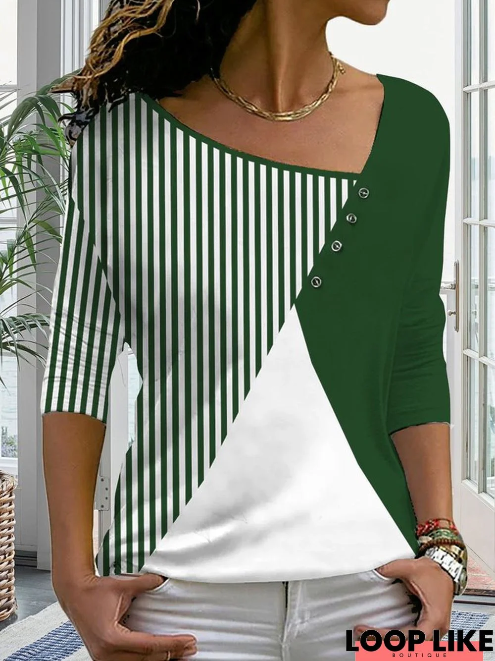 Plain color block stripe loose button top T-shirt