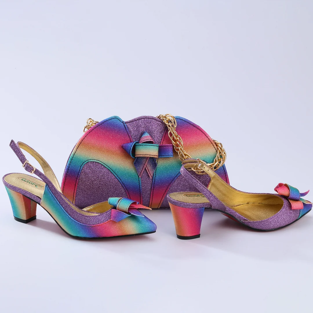 QSGFC  2022 New Arrival Fashion Rose Gold Elegant Party Wedding Ladies Shoes and Bag Set in Synthetic Flash Material