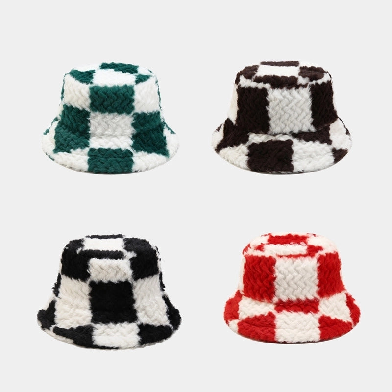 Autumn And Winter New Arrival Large Plaid Patchwork Fisherman's Hat Fashionable Thickened Warm Plush Pot Hat Women's Outdoor Sun Hat