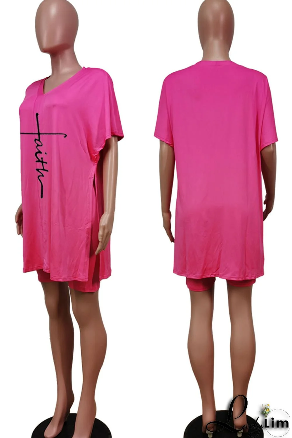 Tangerine Red Casual Print Split Joint V Neck Short Sleeve Two Pieces