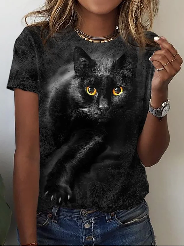 Women's Short-sleeved T-shirt Black Cat 3D Print Women's Casual Tops-Cosfine