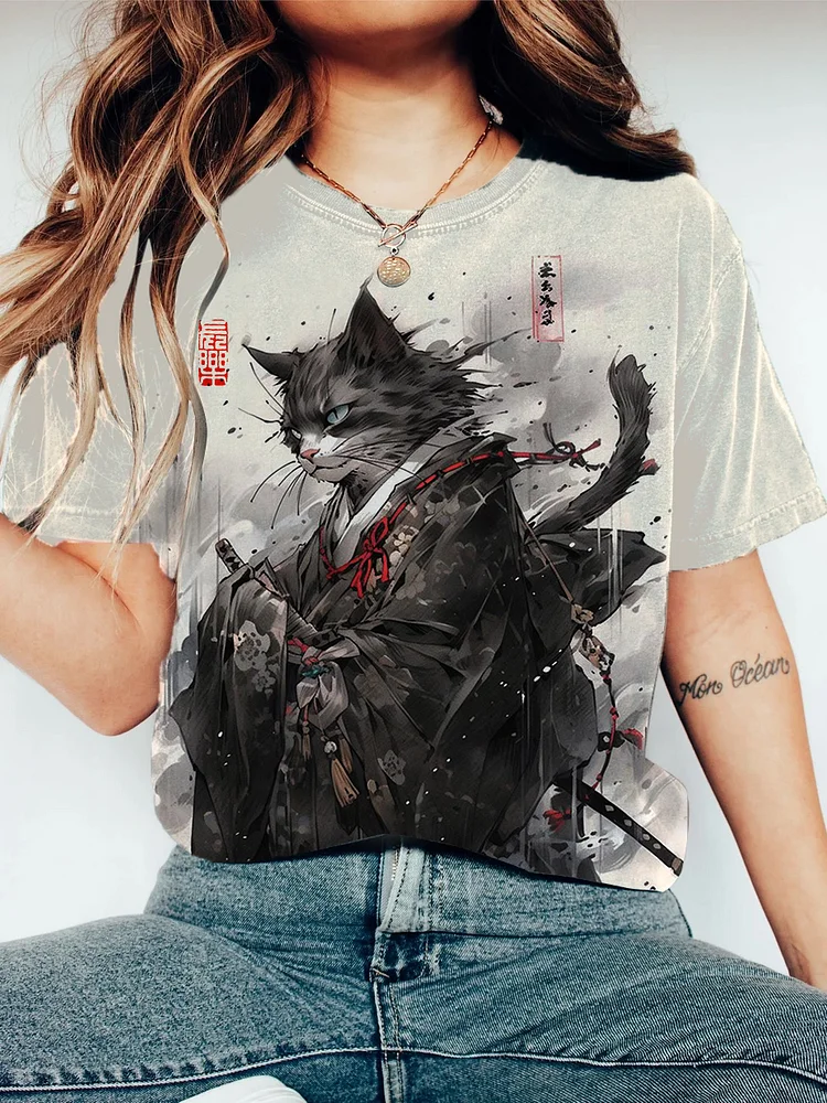Women's Cat Kimono Samurai Ink Painting Casual T-Shirt