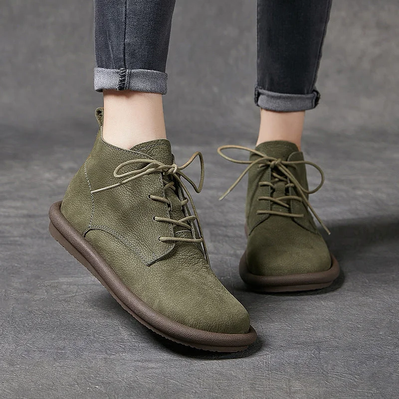 Handmade Leather Lace Up Ankle Boots For Women Soft Short Boots in Khaki/Coffee/Green