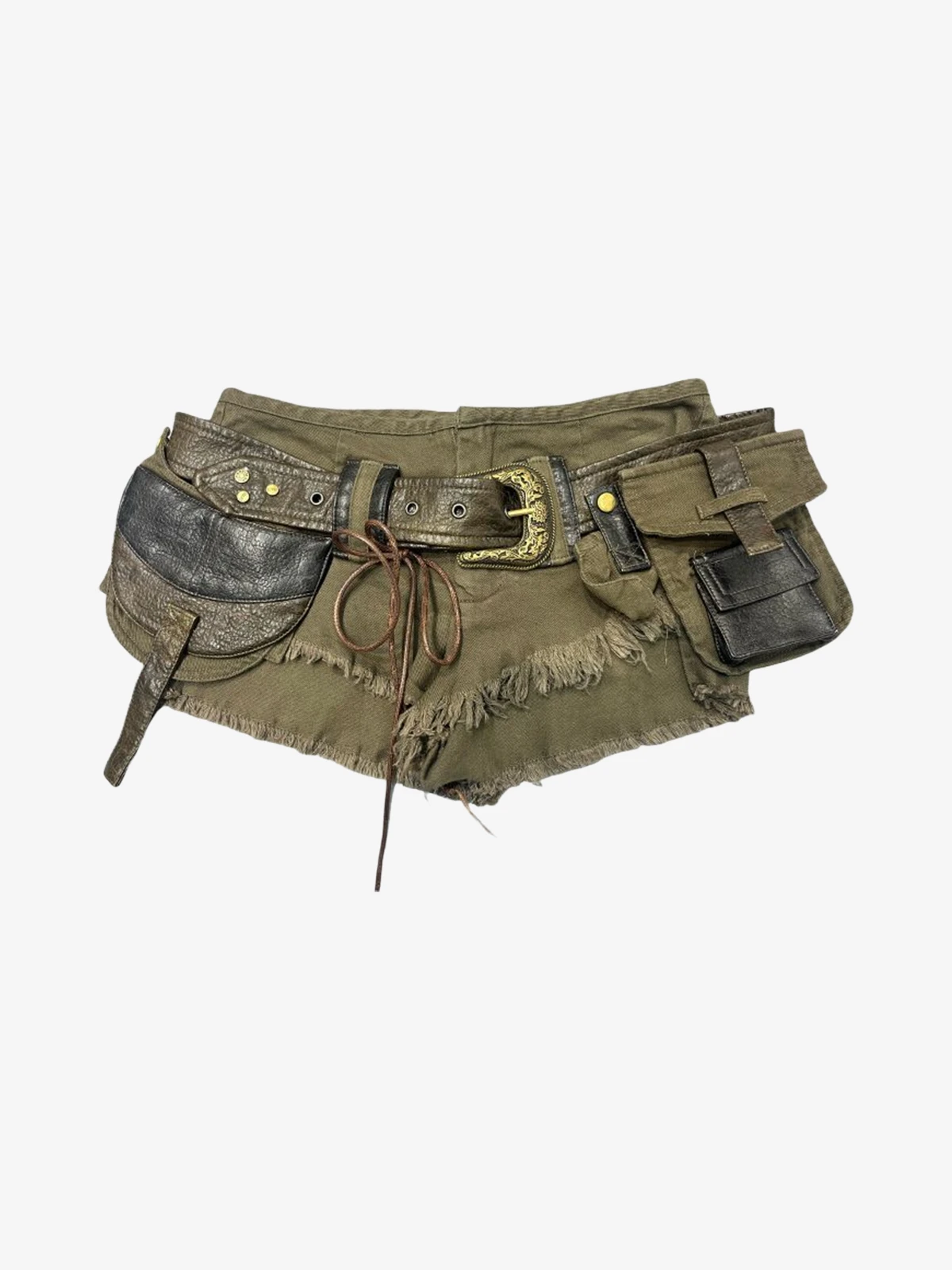 Green Actchic 3D Pocket Raw Hem Cargo Shorts Front