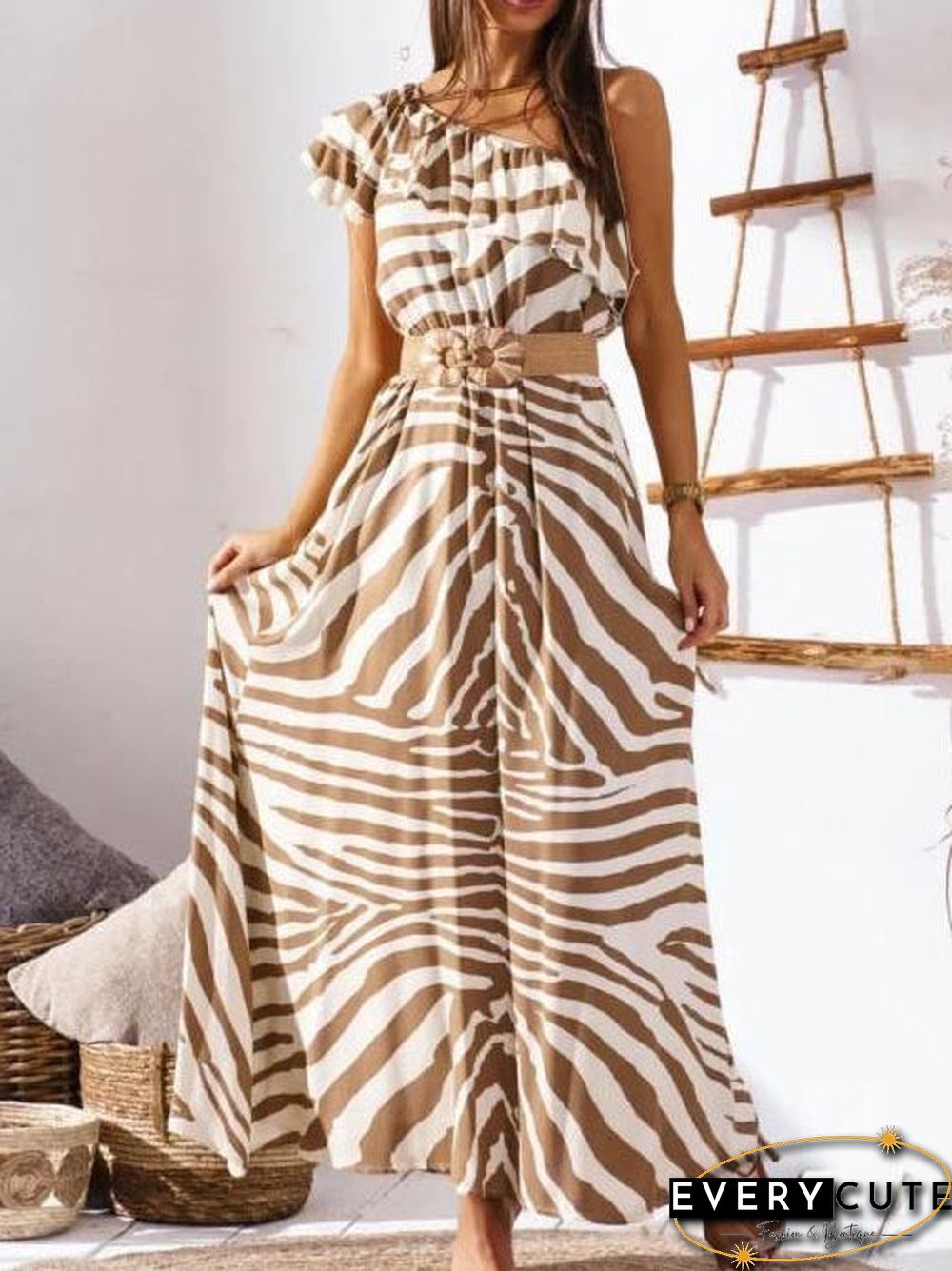 One Shoulder Wrap Waist Maxi Dress