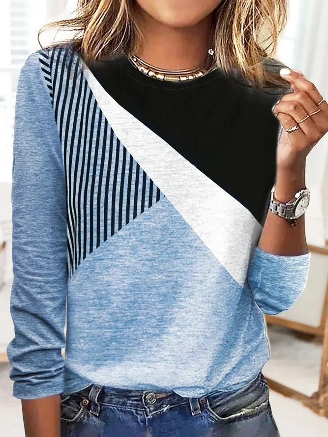 Women Striped Casual Autumn Daily Loose Regular H-Line Medium Elasticity Regular Size Tunic T-Shirt