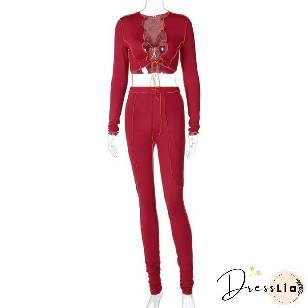 Simenual Lace Up Top And Pants Two Piece Outfits For Women Patchwork Fashion Bodycon Long Sleeve Matching Sets Winter  Slim