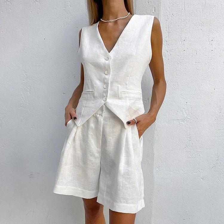 Fashion Cotton And Linen Button Vest & Shorts 2Pcs Set