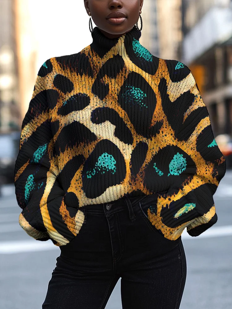 Women's Leopard Print High Neck Knit Sweatshirt