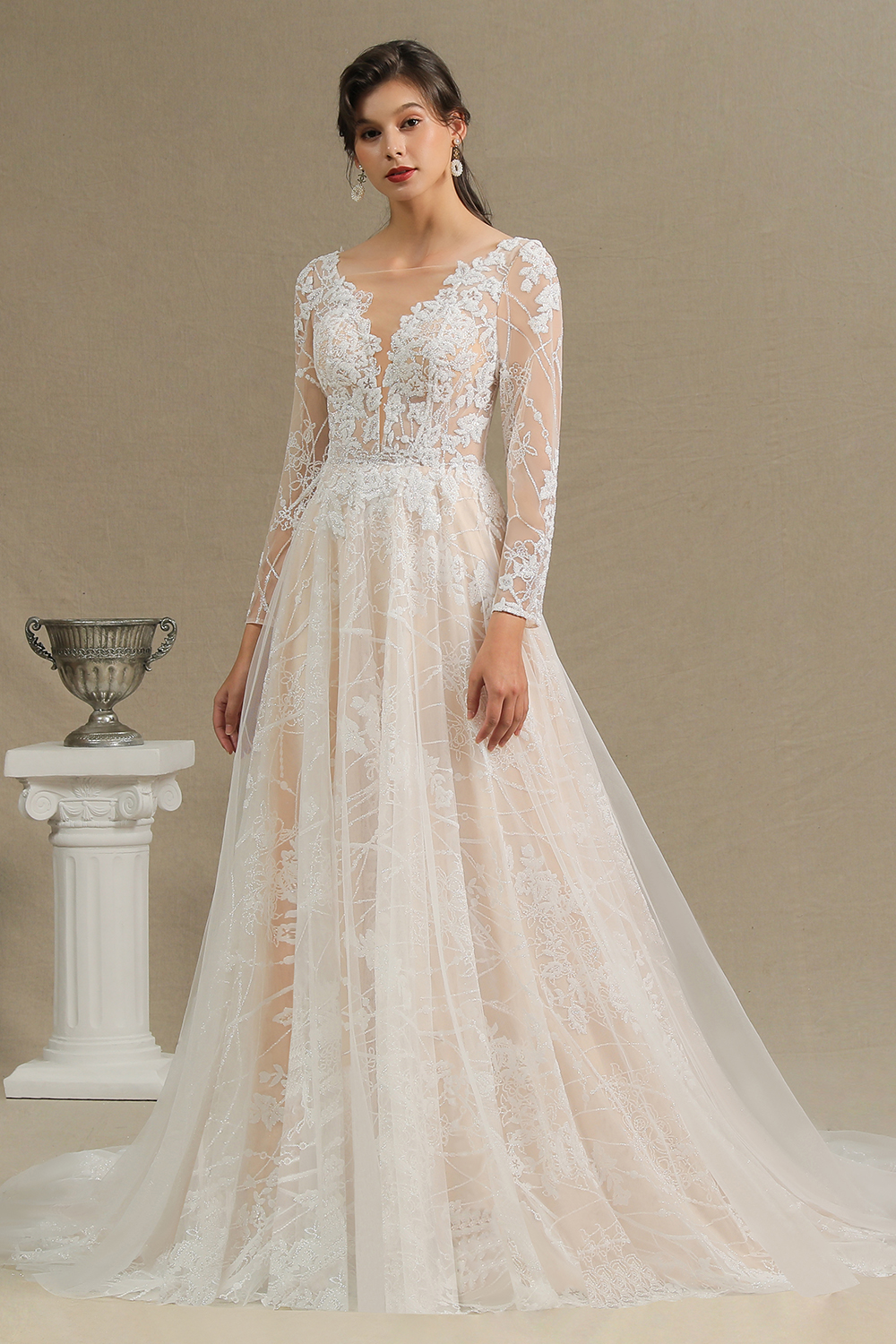 Daisda Sheer Tulle Long Sleeves A-line Illusion Wedding Dress With Lace