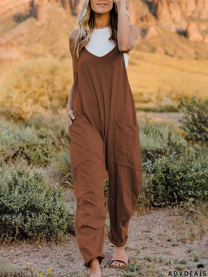 Double Take Full Size Sleeveless V-Neck Pocketed Jumpsuit