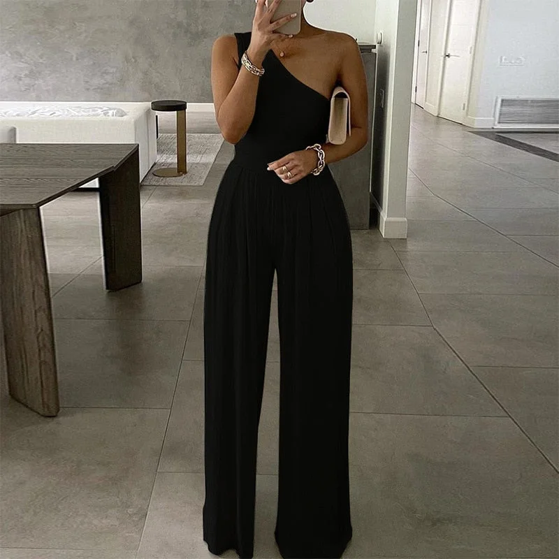 Elegant Office Lady Wide Leg Jumpsuit Sexy Off Shoulder Women Rompers Bodysuit Summer Fashion Solid Color Overalls Playsuits 224-1