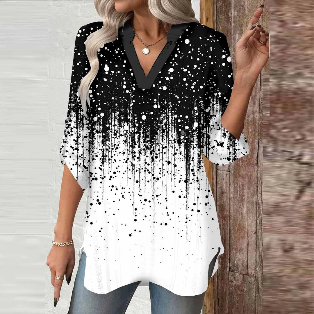Women Abstract, Black, White, Stripes DZGA0746 3/4 Sleeve V-neck Printed Graphic Button Tops