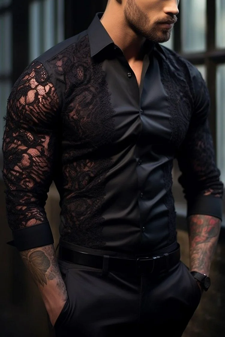 Ciciful Lace Satin Patchwork Slim Fit Casual Black Shirt