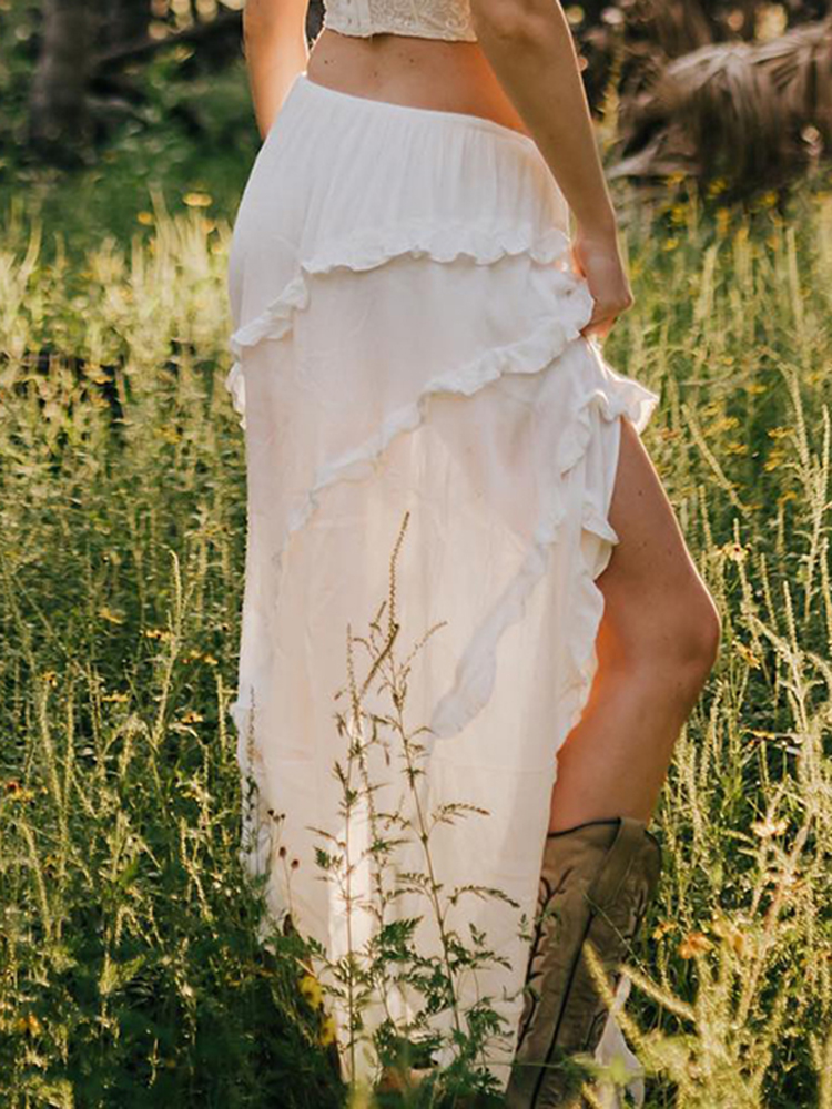 Ootddress White Ruffled Patchwork Long Skirt See-Through For Women Split Summer Beach Holiday Maxi Skirt Women's Fashion Y2k Skirt