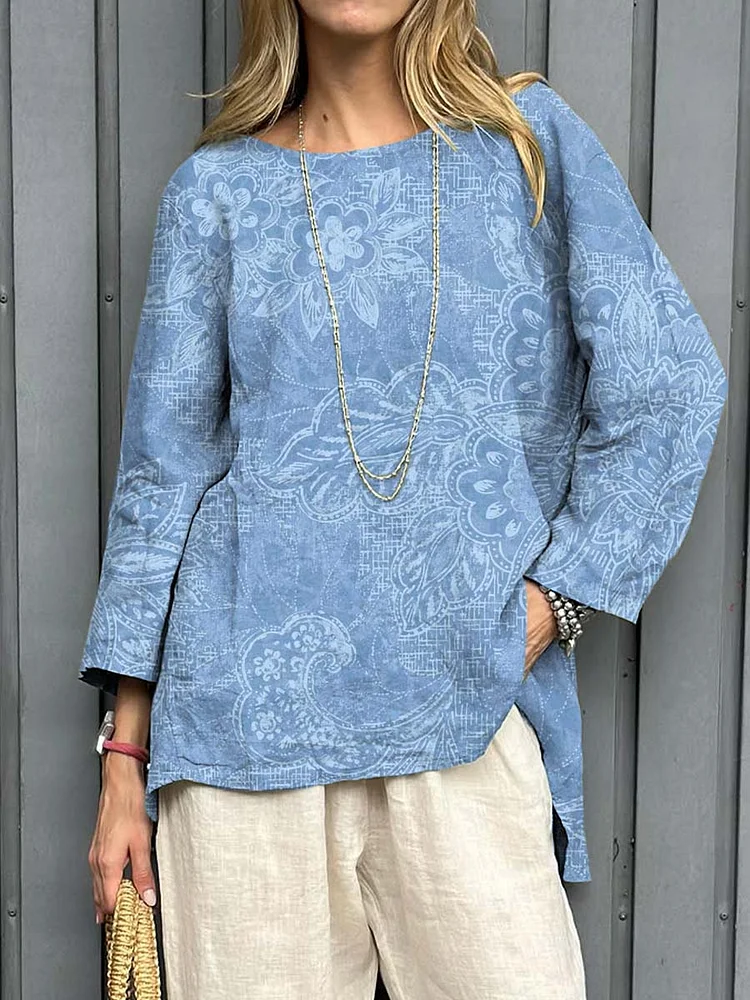 Women's Vintage Floral Art Print Casual Cotton And Linen Shirt