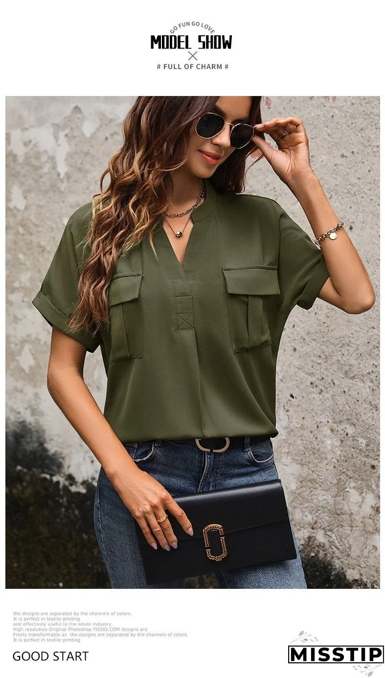 Solid Color V-neck Pocket Short-sleeved Shirt 22982116