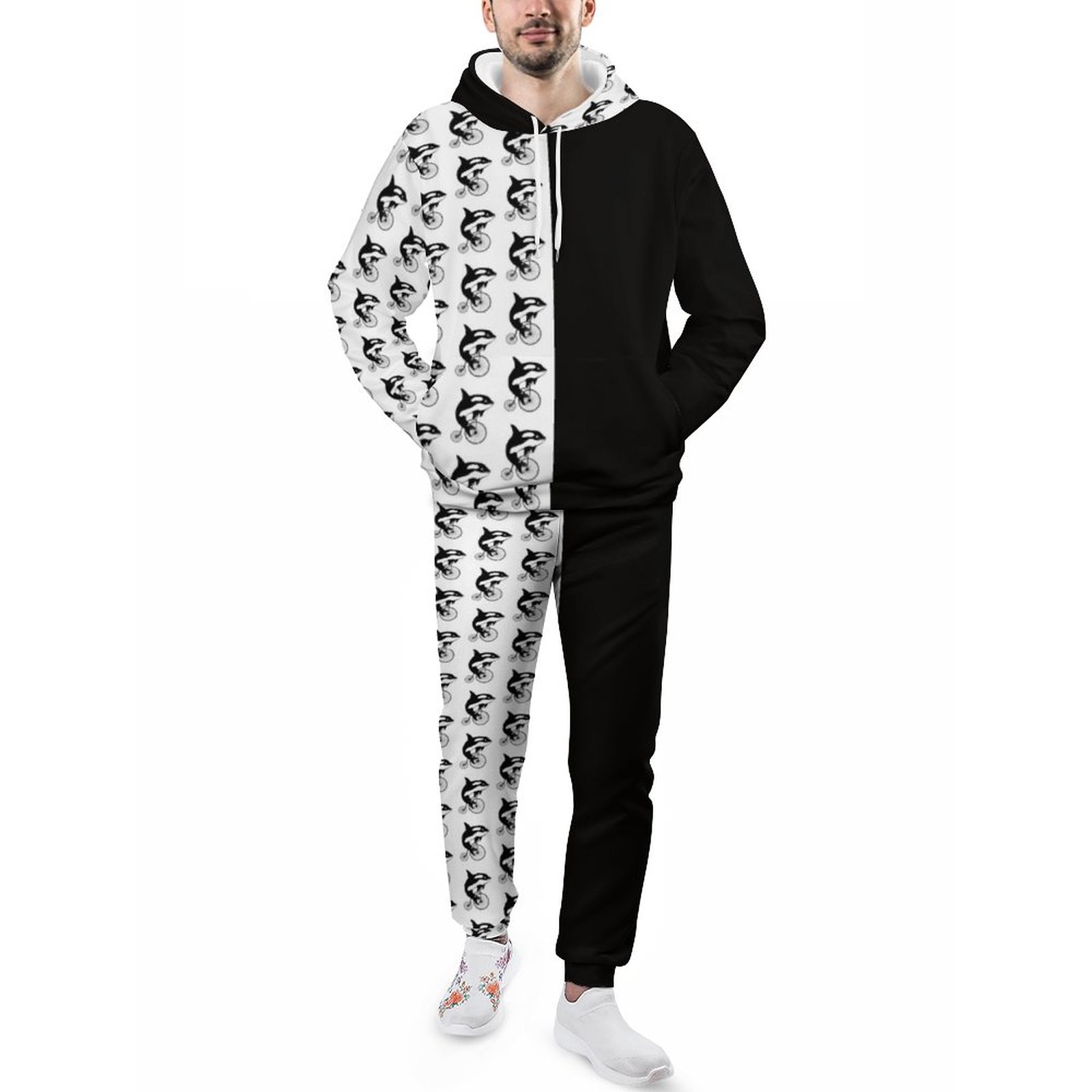 Orca Or Killer Whale Riding A Penny Farthing Bike Men's Tracksuit 2 Piece Hoodie Sweatsuit Sets Casual Jogging Athletic Suits