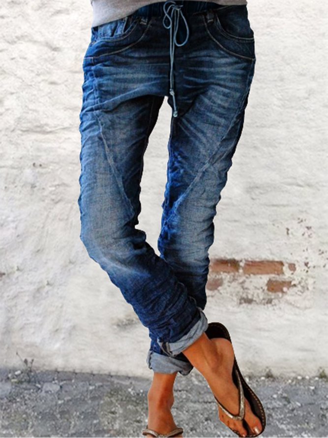 Casual vintage drawstring denim trousers