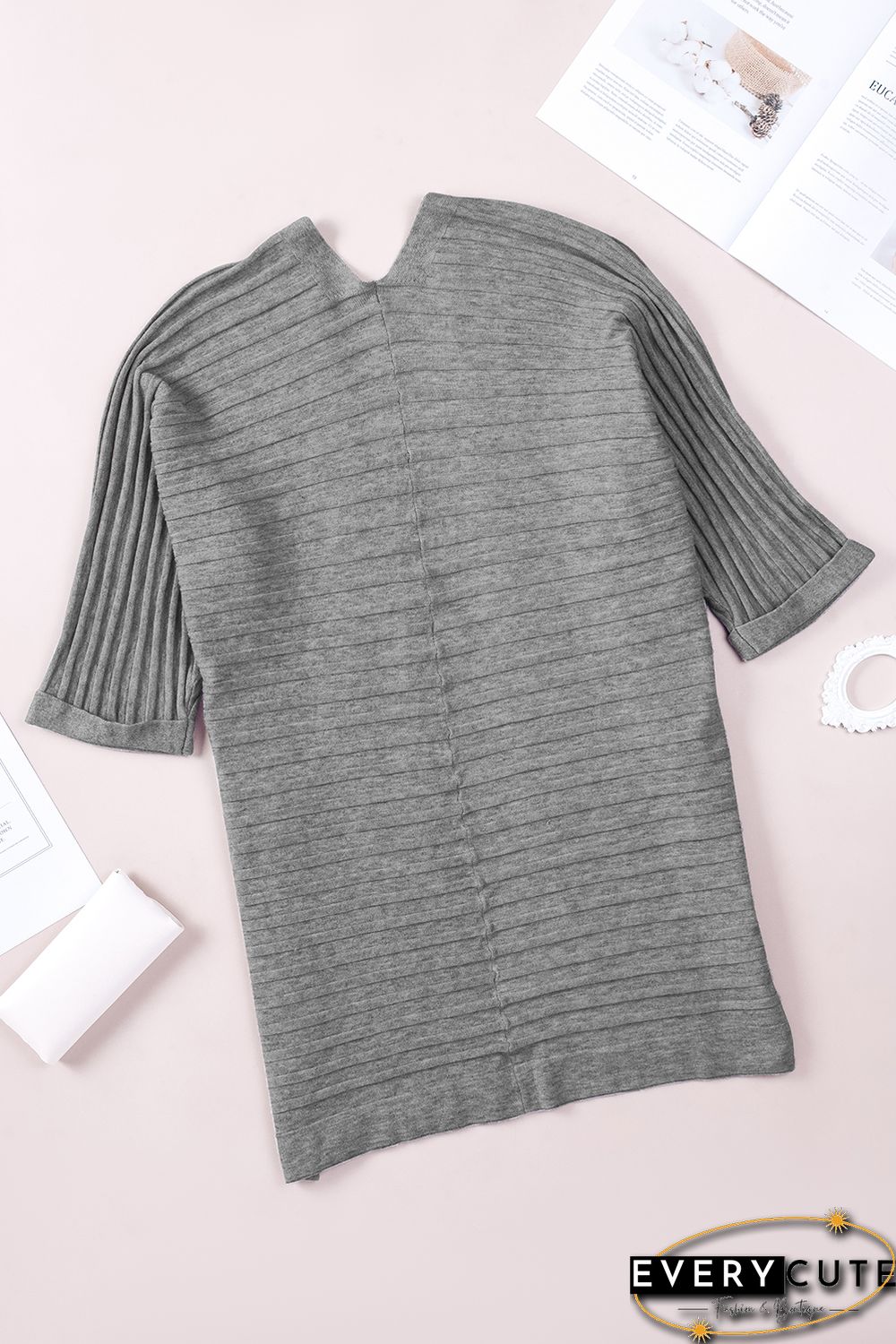 Grey Ribbed Open Front Knit Cardigan