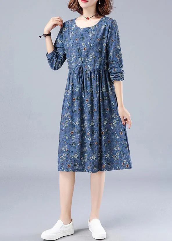 French O Neck Drawstring Spring Dresses Wardrobes Blue Print Dress