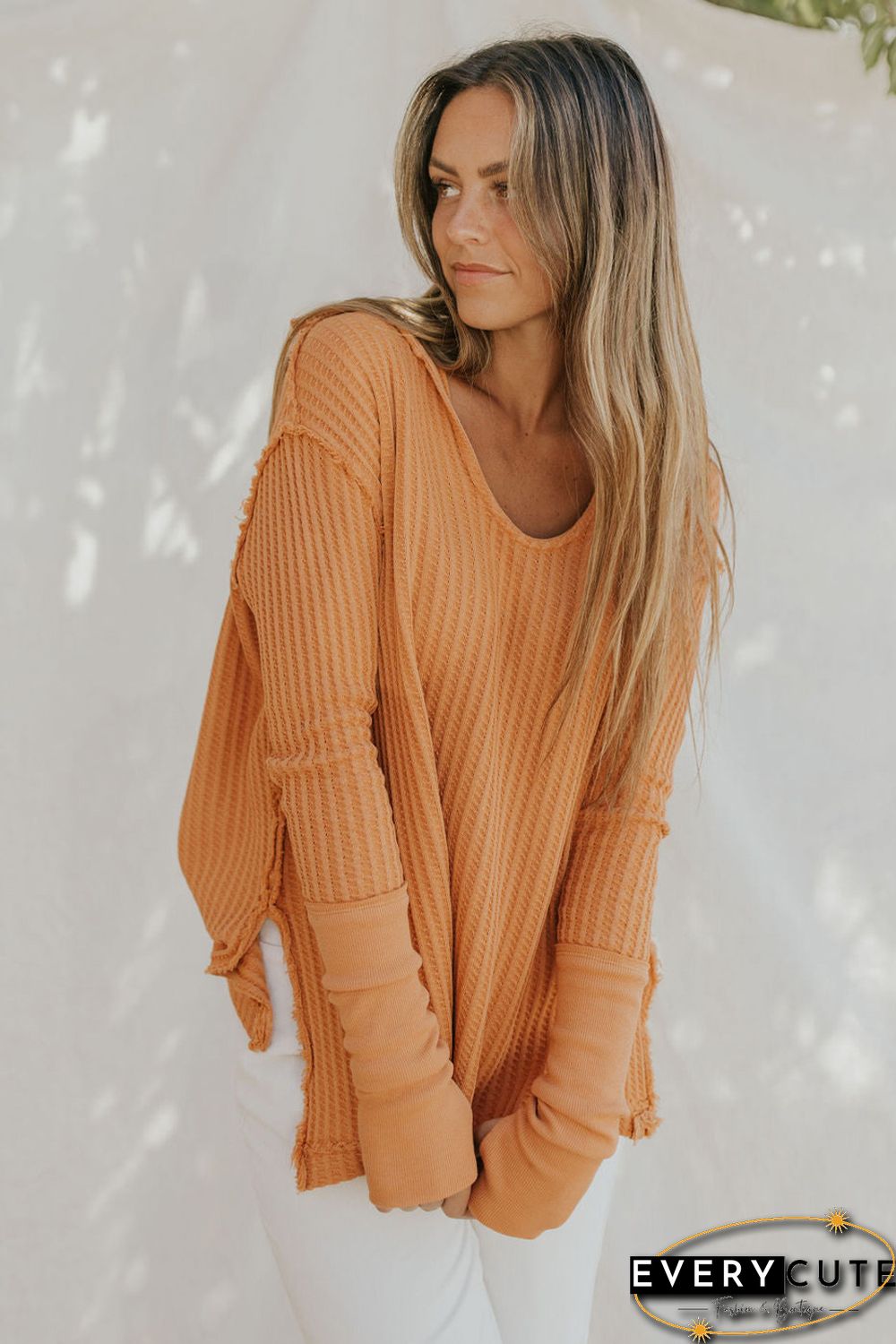 Orange Distressed Seam Trim Waffle Knit Top