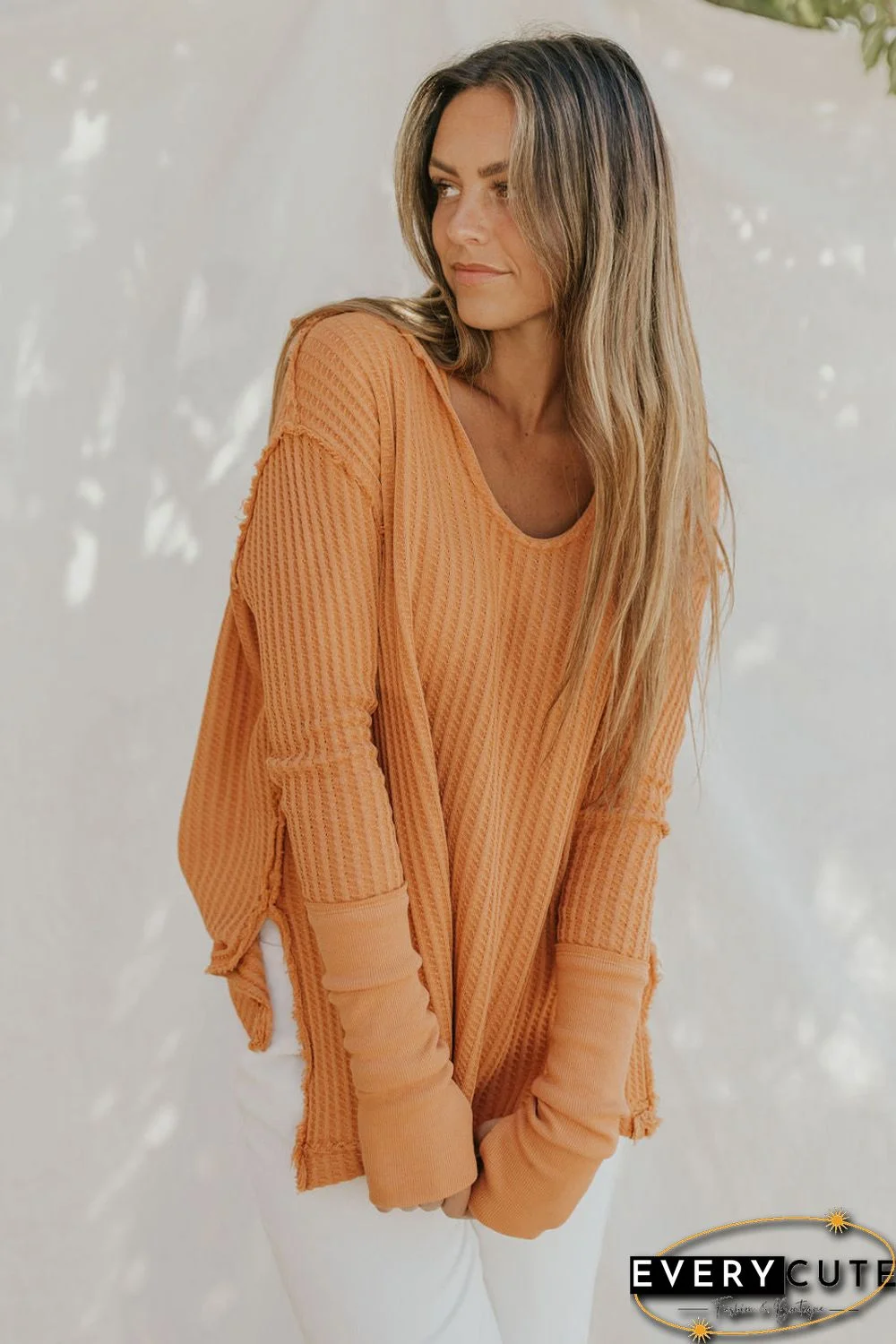 Orange Distressed Seam Trim Waffle Knit Top