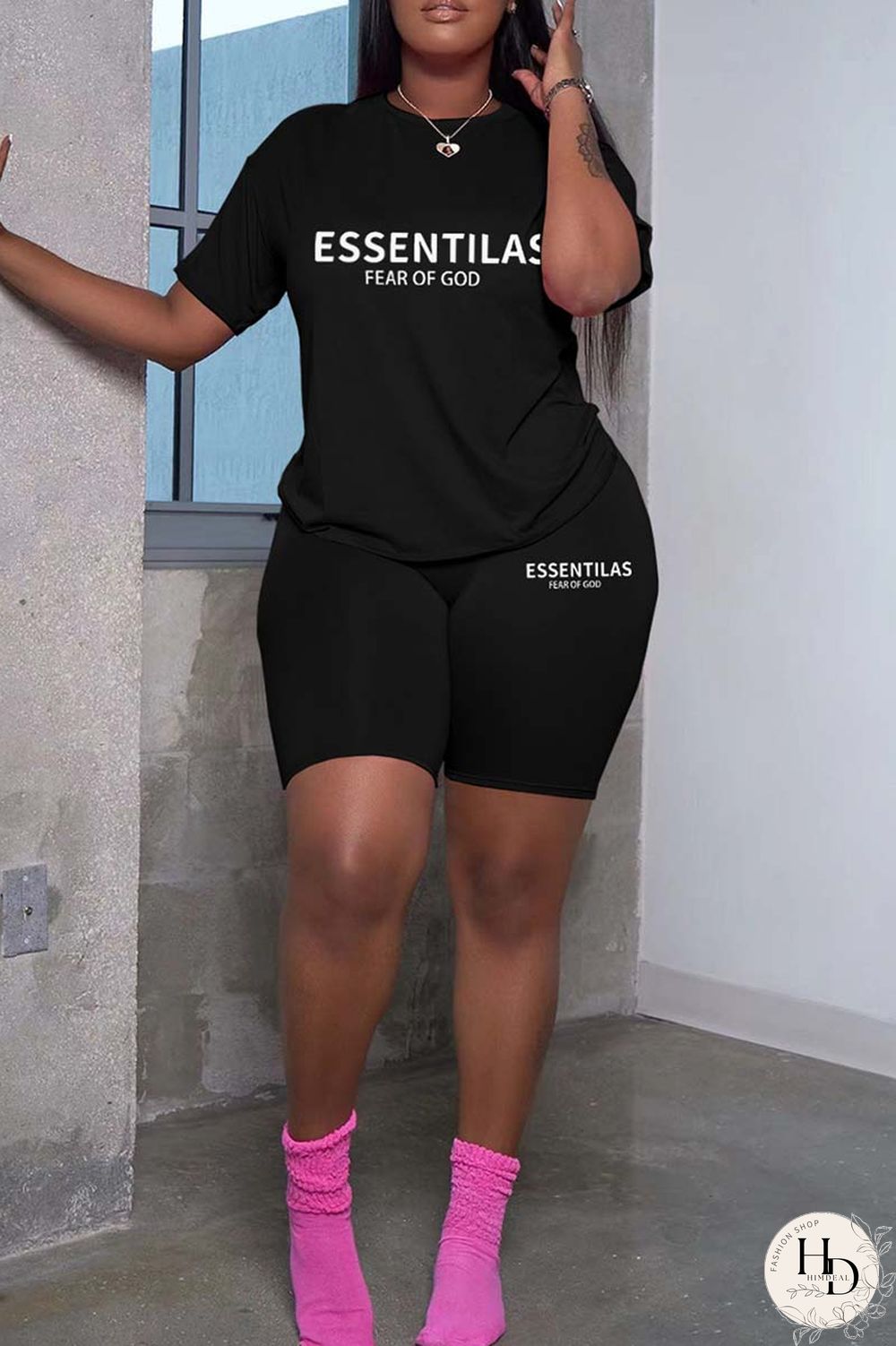 Black Casual Letter Print Solid Basic O Neck Short Sleeve Two Pieces