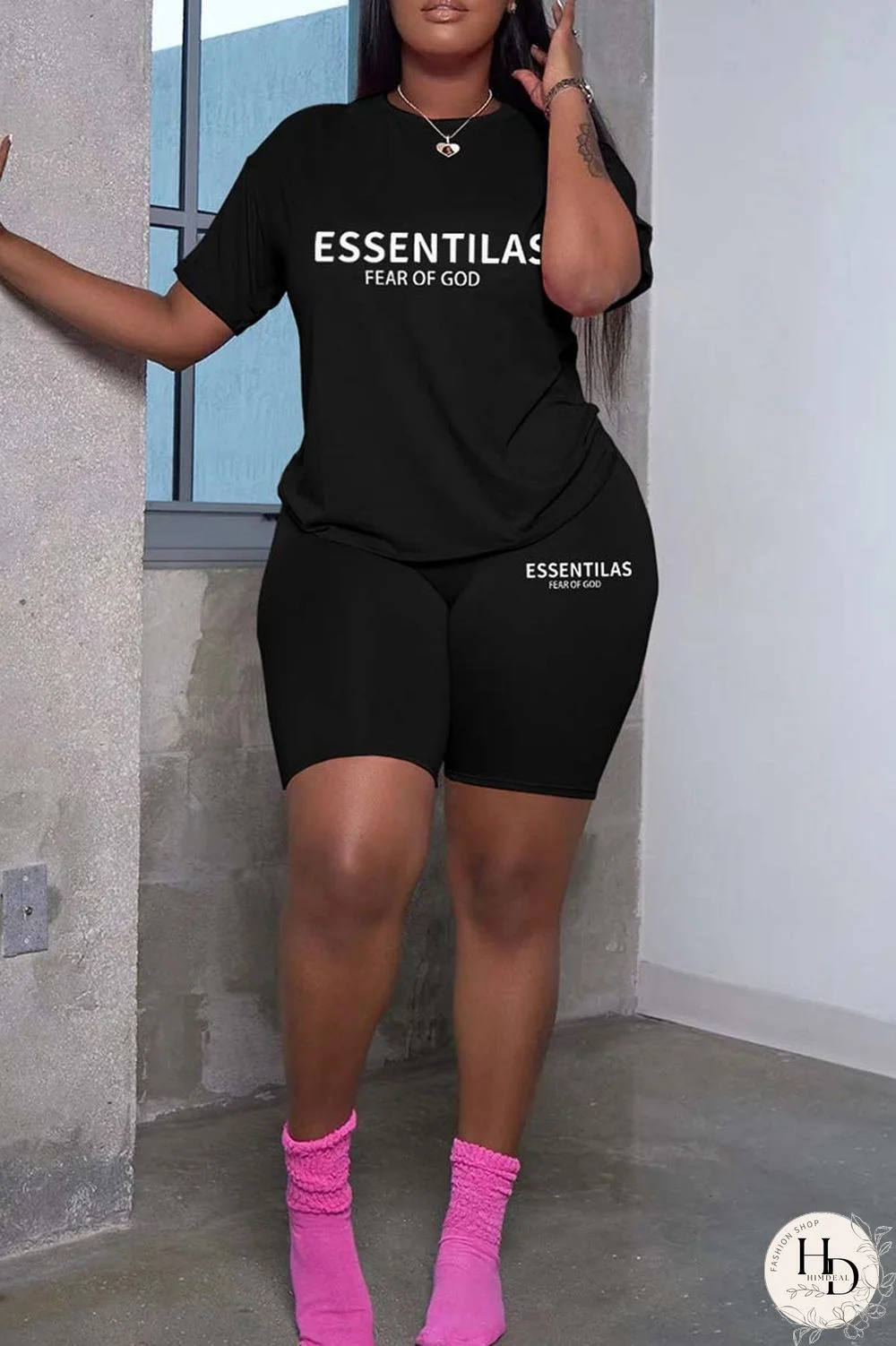 Black Casual Letter Print Solid Basic O Neck Short Sleeve Two Pieces