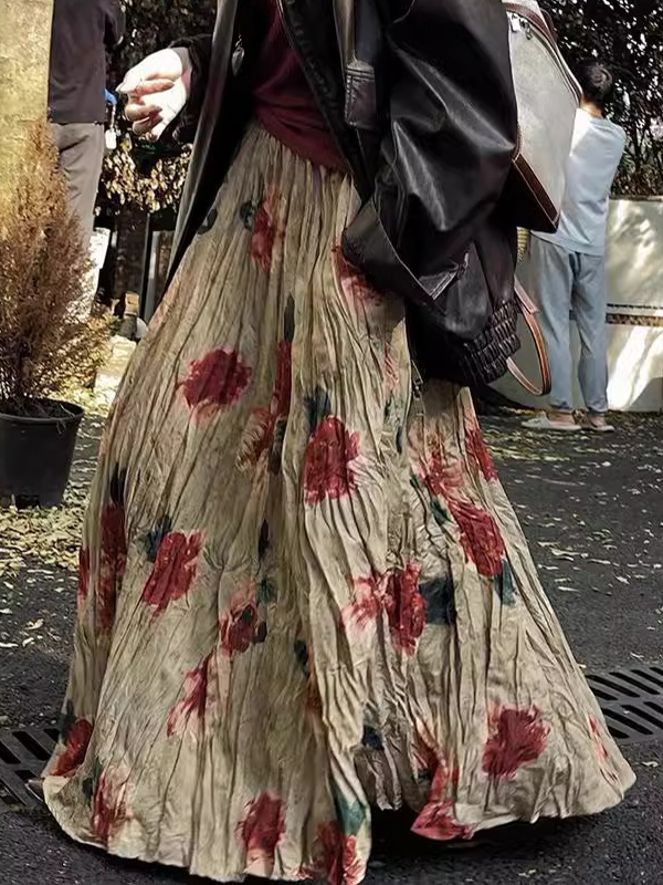 Vintage Rose Print  A-Line Pleated Skirt