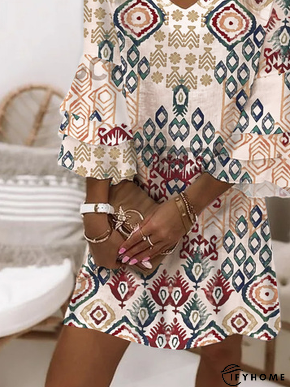 Geometric Printed V Neck Casual Dresses | IFYHOME