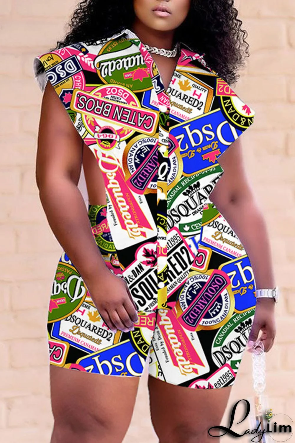 White Sexy Street Print Patchwork Buckle Asymmetrical Turndown Collar Plus Size Two Pieces