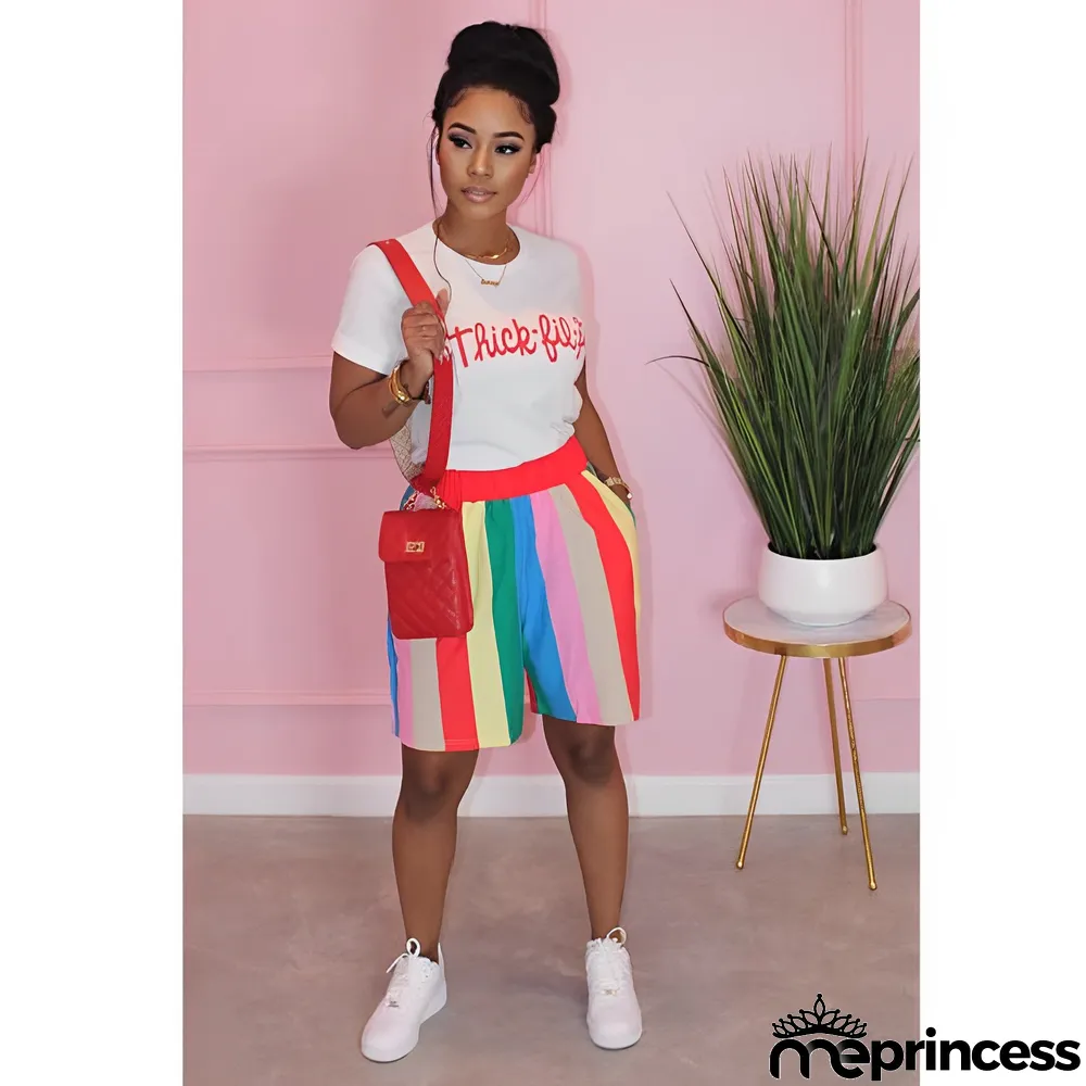 Casual Print T Shirt And Stripe Shorts Two Piece Set