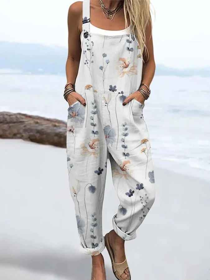 Women's Casual  Groovy Plant Print Side Pocket Jumpsuit